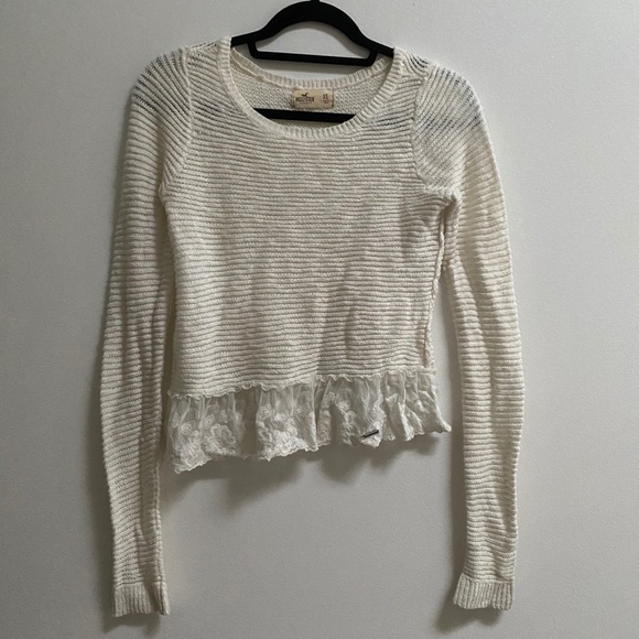 Hollister Sweaters - Hollister White Knit Crop Sweater with Lace Trim XS